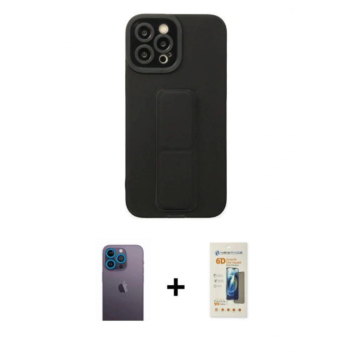 MARSİLYAN™- iPhone 12 Pro Max Kılıf Çekirdek Yansıma - Siyah 6D Mat Seramik Hayalet Nano Ekran Koruyucu + Neon Fosforlu Kamera Lens - MI