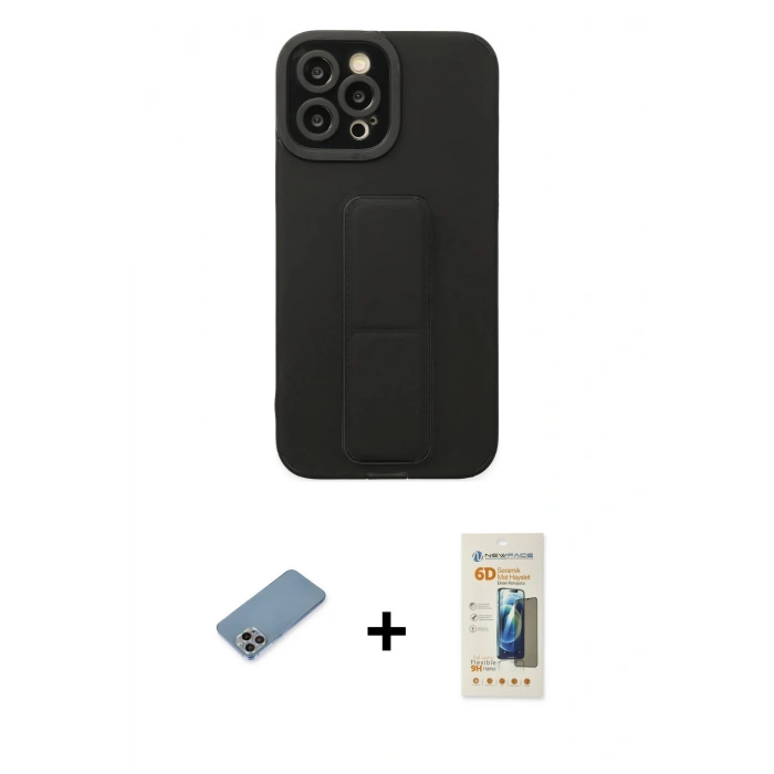 MARSİLYAN™- iPhone 12 Pro Max Kılıf Çekirdek Yansıma - Siyah 6D Mat Seramik Hayalet Nano Ekran Koruyucu + Gökkuşağı Shine Kamera Lens Koruma Cam