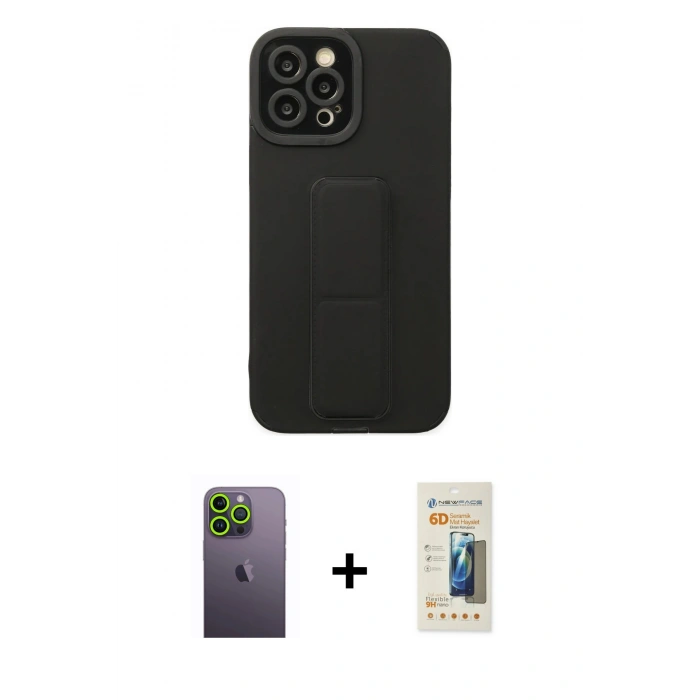 MARSİLYAN™- iPhone 12 Pro Max Kılıf Çekirdek Yansıma - Siyah 6D Mat Seramik Hayalet Nano Ekran Koruyucu + Neon Fosforlu Kamera Lens - YL