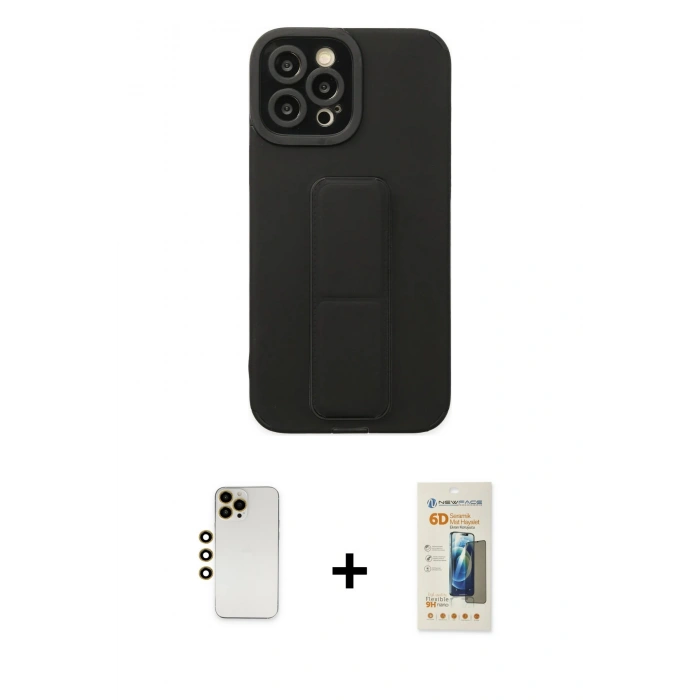 MARSİLYAN™- iPhone 12 Pro Max Kılıf Çekirdek Yansıma - Siyah 6D Mat Seramik Hayalet Nano Ekran Koruyucu + Shine Kamera Lens - GD