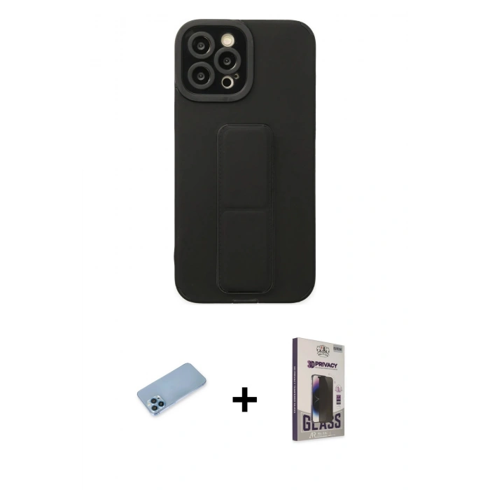 MARSİLYAN™- iPhone 12 Pro Max Kılıf Çekirdek Yansıma - Siyah Bilvis Hayalet Cam Ekran Koruyucu + Shine Kamera Lens Koruma Cam - MI