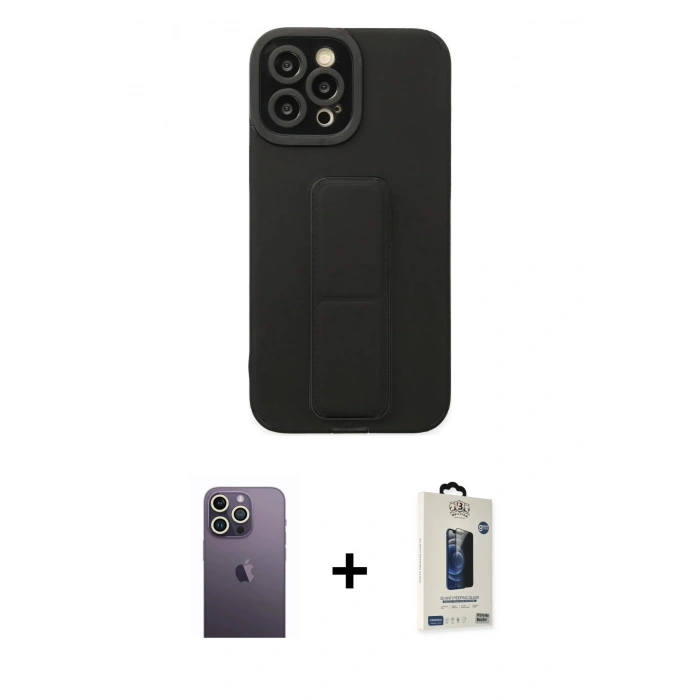 MARSİLYAN™- iPhone 12 Pro Max Kılıf Çekirdek Yansıma - Siyah Bilvis Hayalet Cam Ekran Koruyucu + Neon Fosforlu Kamera Lens - BZ