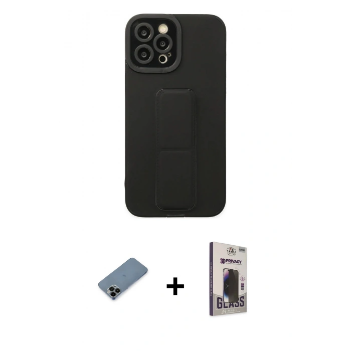 MARSİLYAN™- iPhone 12 Pro Max Kılıf Çekirdek Yansıma - Siyah Bilvis Hayalet Cam Ekran Koruyucu + Shine Kamera Lens Koruma Cam - SH