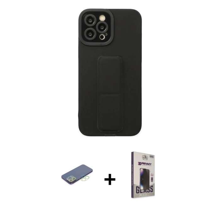MARSİLYAN™- iPhone 12 Pro Max Kılıf Çekirdek Yansıma - Siyah Bilvis Hayalet Cam Ekran Koruyucu + Renkli Kamera Lens Koruma Cam - YL