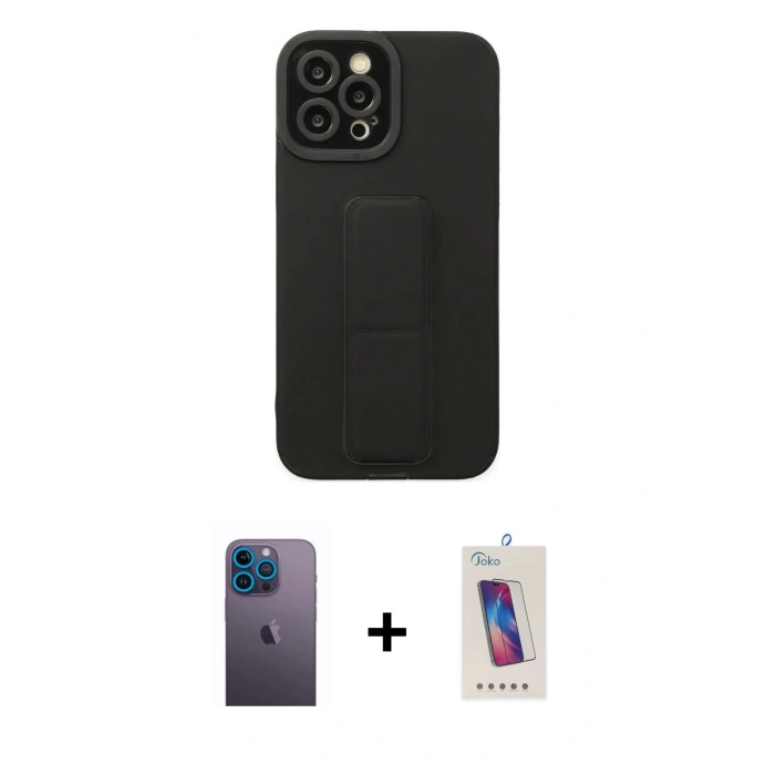 MARSİLYAN™- iPhone 12 Pro Max Kılıf Çekirdek Yansıma - Siyah Joko 5D Cam + Neon Fosforlu Kamera Lens - MI