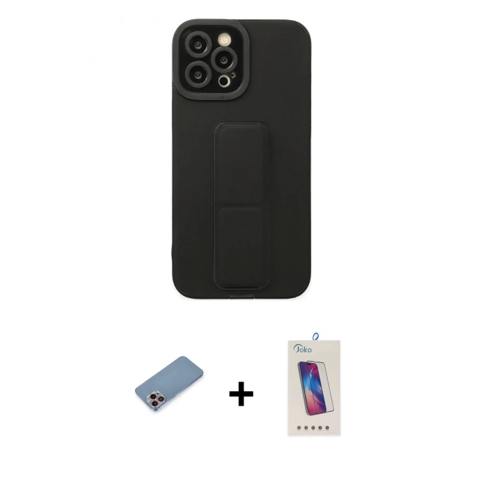 MARSİLYAN™- iPhone 12 Pro Max Kılıf Çekirdek Yansıma - Siyah Joko 5D Cam + Pembe Shine Kamera Lens Koruma Cam