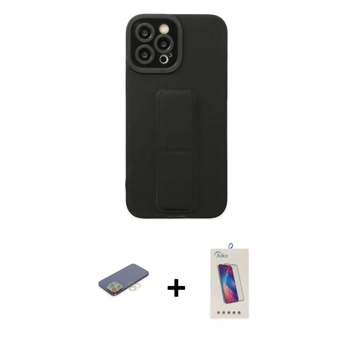 MARSİLYAN™- iPhone 12 Pro Max Kılıf Çekirdek Yansıma - Siyah Joko 5D Cam + Renkli Kamera Lens Koruma Cam - SI