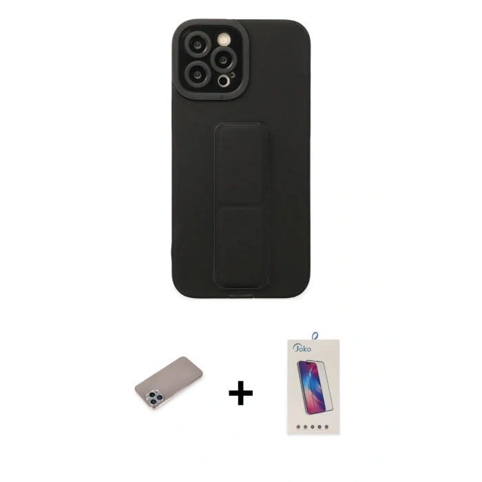 MARSİLYAN™- iPhone 12 Pro Max Kılıf Çekirdek Yansıma - Siyah Joko 5D Cam + Shine Kamera Lens Koruma Cam - SABE