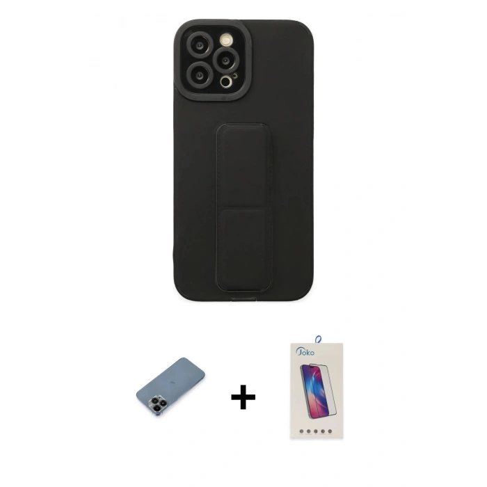 MARSİLYAN™- iPhone 12 Pro Max Kılıf Çekirdek Yansıma - Siyah Joko 5D Cam + Siyah Shine Kamera Lens Koruma Cam
