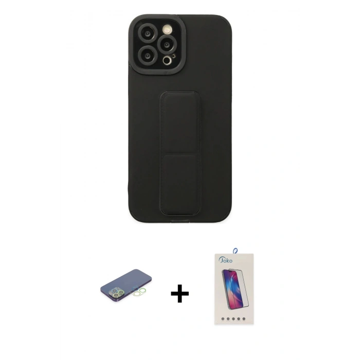 MARSİLYAN™- iPhone 12 Pro Max Kılıf Çekirdek Yansıma - Siyah Joko 5D Cam + Renkli Kamera Lens Koruma Cam - YL
