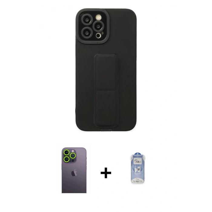 MARSİLYAN™- iPhone 12 Pro Max Kılıf Çekirdek Yansıma - Siyah Joko Magic 5D Cam + Neon Fosforlu Kamera Lens - YL
