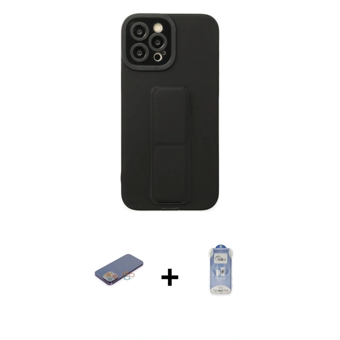 MARSİLYAN™- iPhone 12 Pro Max Kılıf Çekirdek Yansıma - Siyah Joko Magic 5D Cam + Renkli Kamera Lens Koruma Cam - PE