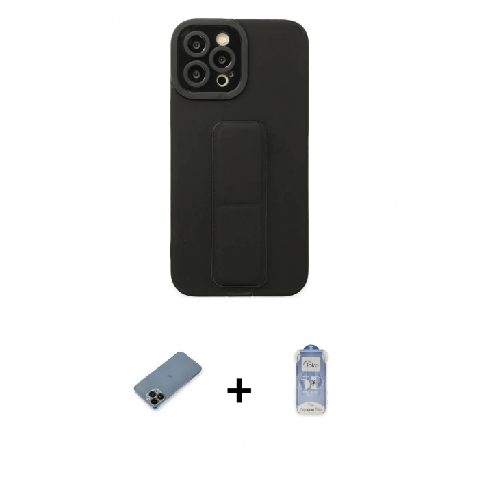 MARSİLYAN™- iPhone 12 Pro Max Kılıf Çekirdek Yansıma - Siyah Joko Magic 5D Cam + Siyah Shine Kamera Lens Koruma Cam