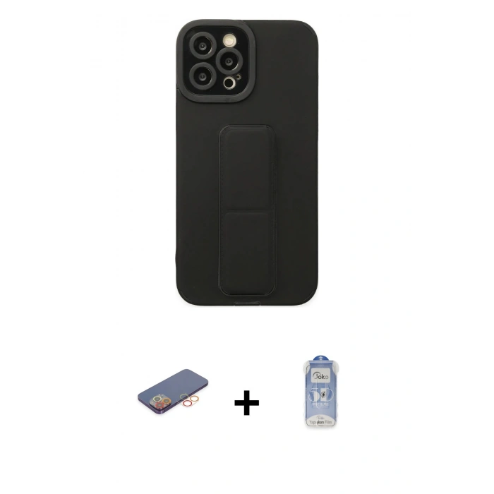 MARSİLYAN™- iPhone 12 Pro Max Kılıf Çekirdek Yansıma - Siyah Joko Magic 5D Cam + Turuncu Renkli Kamera Lens Koruma Cam