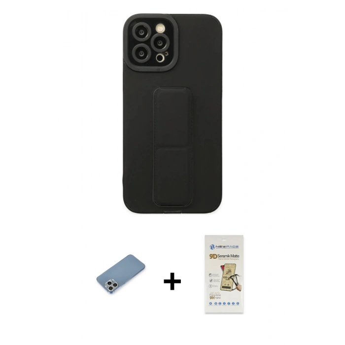 MARSİLYAN™- iPhone 12 Pro Max Kılıf Çekirdek Yansıma - Siyah Mat Seramik Nano Ekran Koruyucu + Gümüş Shine Kamera Lens Koruma Cam