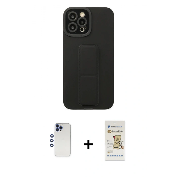 MARSİLYAN™- iPhone 12 Pro Max Kılıf Çekirdek Yansıma - Siyah Mat Seramik Nano Ekran Koruyucu + Lacivert Shine Kamera Lens