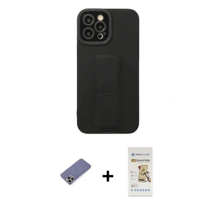 MARSİLYAN™- iPhone 12 Pro Max Kılıf Çekirdek Yansıma - Siyah Mat Seramik Nano Ekran Koruyucu + Metal Kamera Lens Koruma Cam - GD