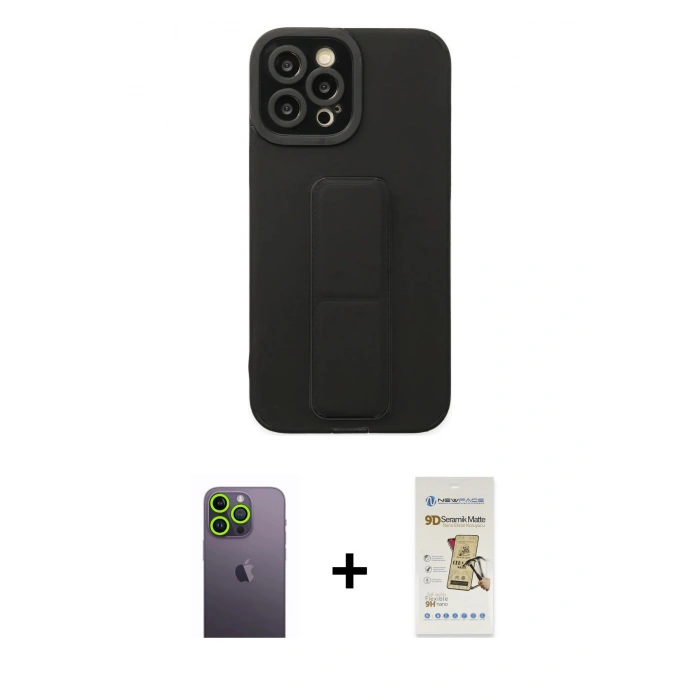 MARSİLYAN™- iPhone 12 Pro Max Kılıf Çekirdek Yansıma - Siyah Mat Seramik Nano Ekran Koruyucu + Neon Fosforlu Kamera Lens - YL