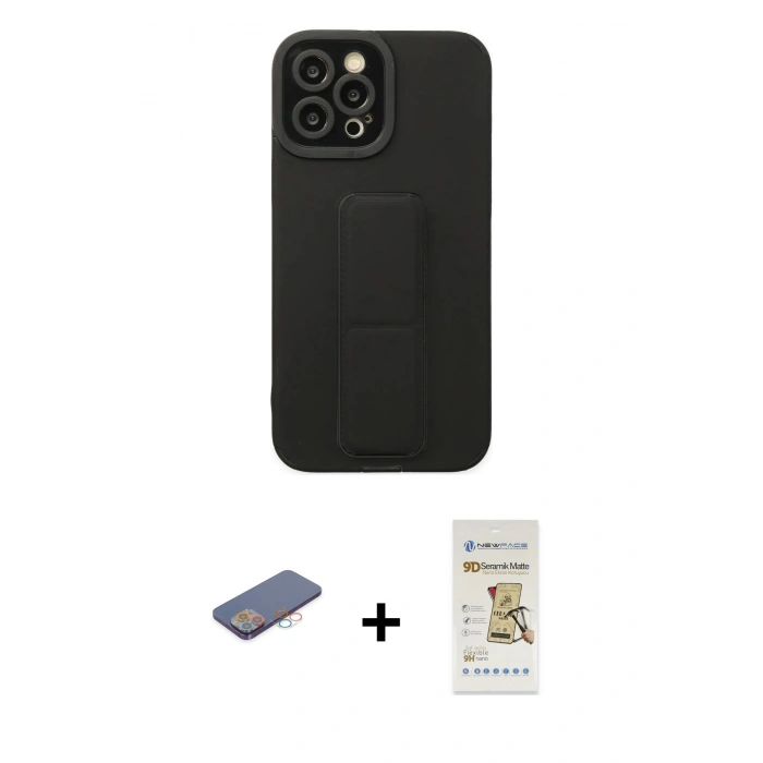 MARSİLYAN™- iPhone 12 Pro Max Kılıf Çekirdek Yansıma - Siyah Mat Seramik Nano Ekran Koruyucu + Renkli Kamera Lens Koruma Cam - PE