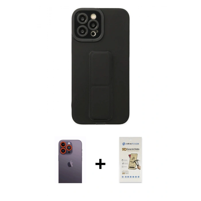 MARSİLYAN™- iPhone 12 Pro Max Kılıf Çekirdek Yansıma - Siyah Mat Seramik Nano Ekran Koruyucu + Turuncu Neon Fosforlu Kamera Lens