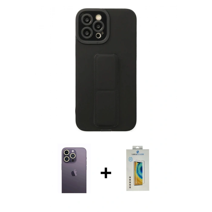 MARSİLYAN™- iPhone 12 Pro Max Kılıf Çekirdek Yansıma - Siyah Polymer Nano Ekran Koruyucu + Neon Fosforlu Kamera Lens - BZ