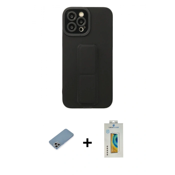 MARSİLYAN™- iPhone 12 Pro Max Kılıf Çekirdek Yansıma - Siyah Polymer Nano Ekran Koruyucu + Shine Kamera Lens Koruma Cam - GI
