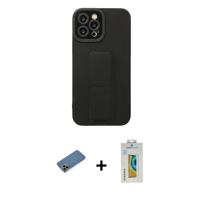 MARSİLYAN™- iPhone 12 Pro Max Kılıf Çekirdek Yansıma - Siyah Polymer Nano Ekran Koruyucu + Gold Shine Kamera Lens Koruma Cam
