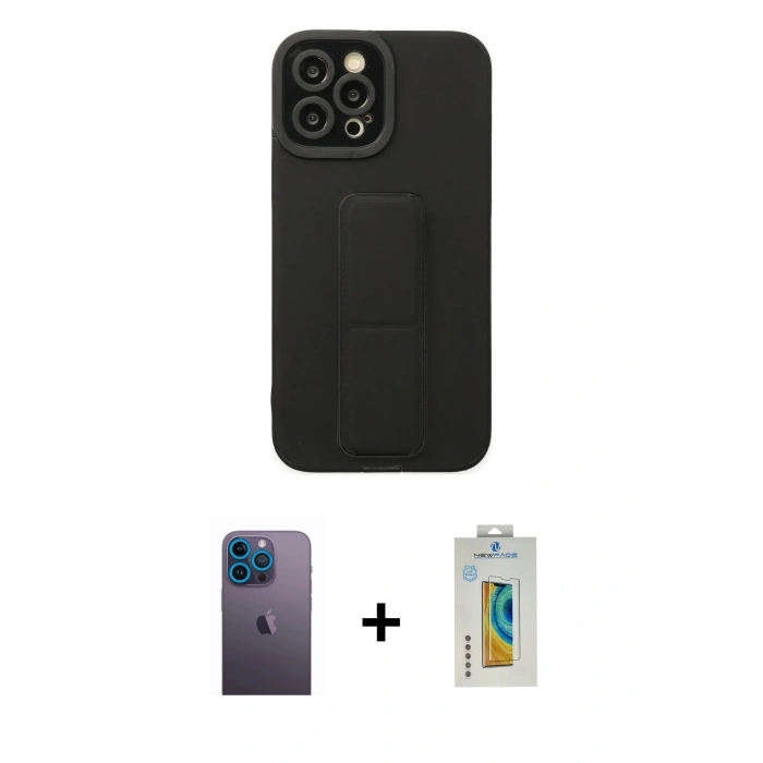 MARSİLYAN™- iPhone 12 Pro Max Kılıf Çekirdek Yansıma - Siyah Polymer Nano Ekran Koruyucu + Neon Fosforlu Kamera Lens - MI