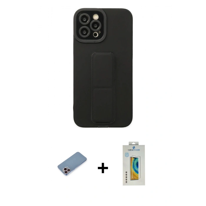 MARSİLYAN™- iPhone 12 Pro Max Kılıf Çekirdek Yansıma - Siyah Polymer Nano Ekran Koruyucu + Pembe Shine Kamera Lens Koruma Cam