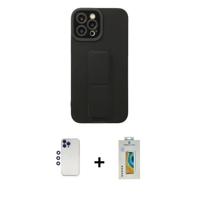 MARSİLYAN™- iPhone 12 Pro Max Kılıf Çekirdek Yansıma - Siyah Polymer Nano Ekran Koruyucu + Shine Kamera Lens - LT