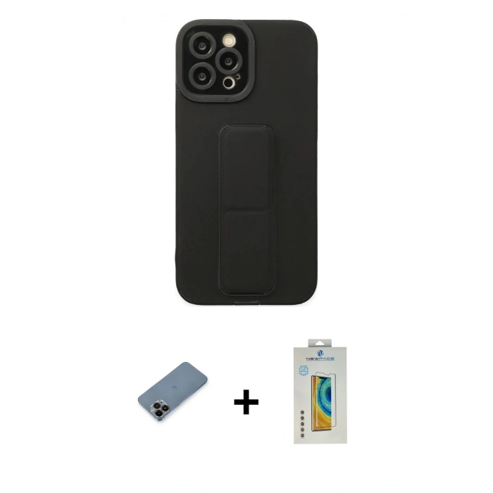 MARSİLYAN™- iPhone 12 Pro Max Kılıf Çekirdek Yansıma - Siyah Polymer Nano Ekran Koruyucu + Shine Kamera Lens Koruma Cam - SH