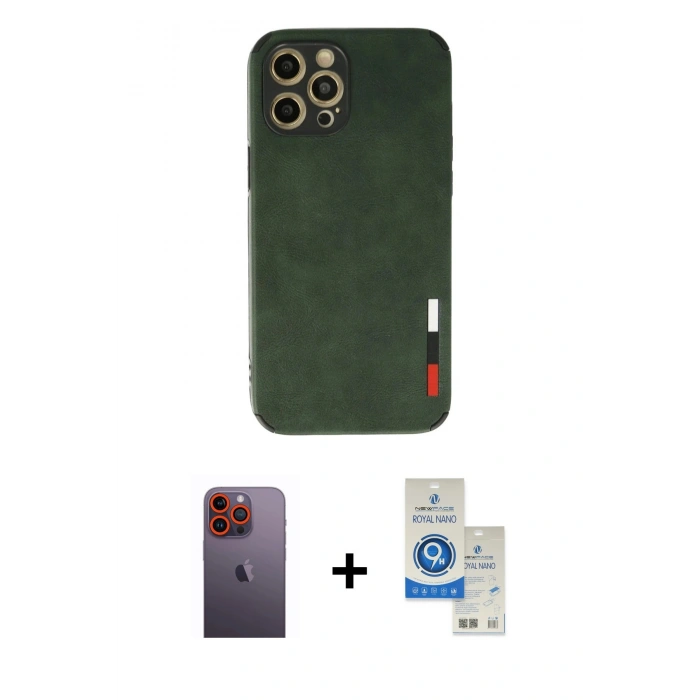 MARSİLYAN™- iPhone 12 Pro Max Kılıf Doruk Asil Koleksiyonu - Şeffaf Royal Nano Ekran Koruyucu + Neon Fosforlu Kamera Lens - TU