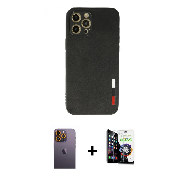 MARSİLYAN™- iPhone 12 Pro Max Kılıf Doruk Asil Koleksiyonu - Şeffaf Temperli Cam Ekran Koruyucu + Sarı Neon Fosforlu Kamera Lens