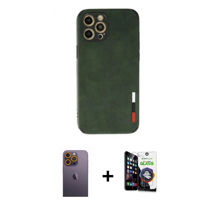 MARSİLYAN™- iPhone 12 Pro Max Kılıf Doruk Asil Koleksiyonu - Şeffaf Temperli Cam Ekran Koruyucu + Sarı Neon Fosforlu Kamera Lens