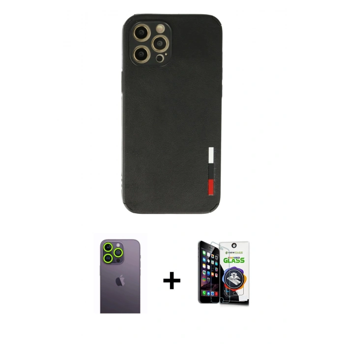MARSİLYAN™- iPhone 12 Pro Max Kılıf Doruk Asil Koleksiyonu - Şeffaf Temperli Cam Ekran Koruyucu + Yeşil Neon Fosforlu Kamera Lens