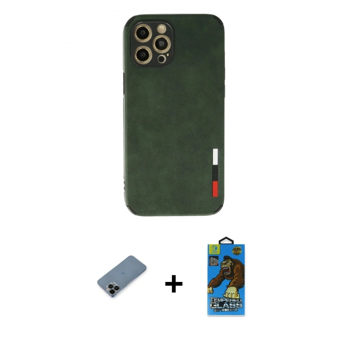 MARSİLYAN™- iPhone 12 Pro Max Kılıf Doruk Asil Koleksiyonu - Siyah 18D Cam Ekran Koruyucu + Shine Kamera Lens Koruma Cam - SH