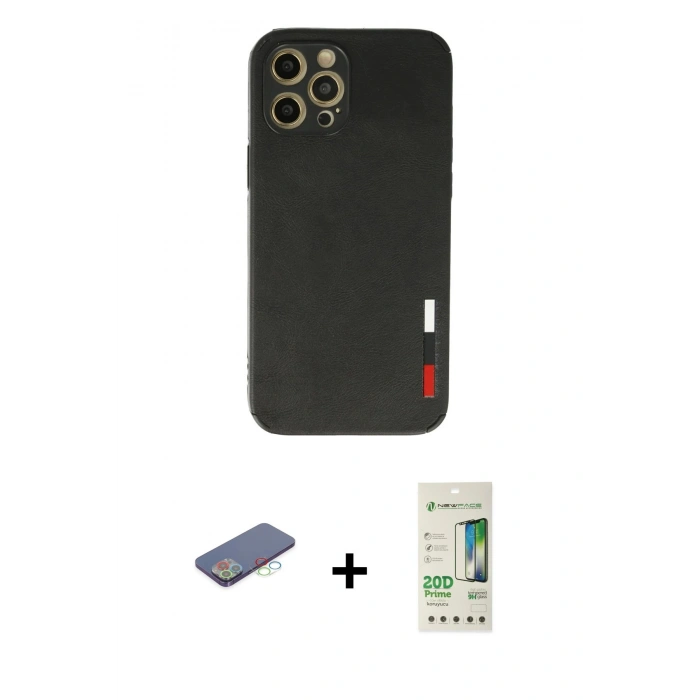 MARSİLYAN™- iPhone 12 Pro Max Kılıf Doruk Asil Koleksiyonu - Siyah 20D Premium Cam Ekran Koruyucu + Renkli Kamera Lens Koruma Cam - MI