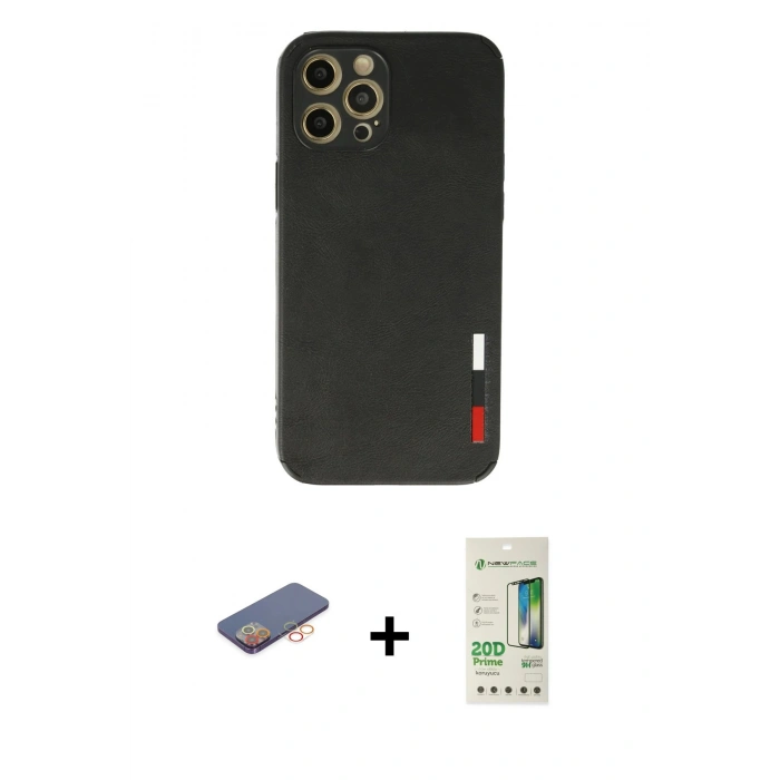 MARSİLYAN™- iPhone 12 Pro Max Kılıf Doruk Asil Koleksiyonu - Siyah 20D Premium Cam Ekran Koruyucu + Renkli Kamera Lens Koruma Cam - TU