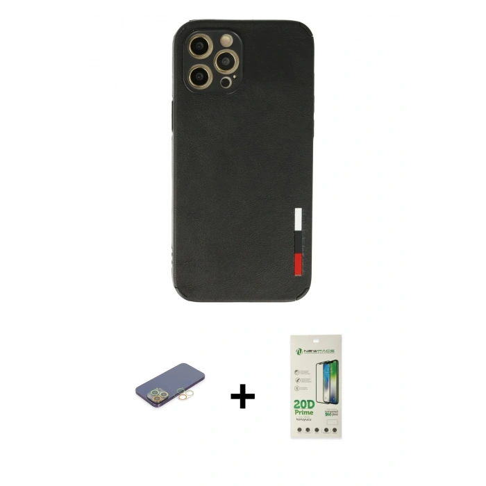 MARSİLYAN™- iPhone 12 Pro Max Kılıf Doruk Asil Koleksiyonu - Siyah 20D Premium Cam Ekran Koruyucu + Renkli Kamera Lens Koruma Cam - SI