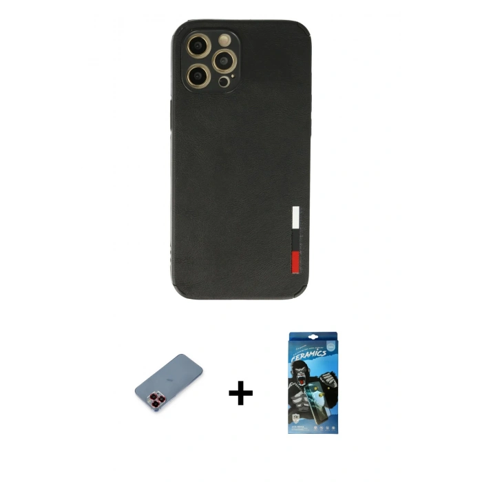 MARSİLYAN™- iPhone 12 Pro Max Kılıf Doruk Asil Koleksiyonu - Siyah 34D Izgaralı Cam + Metal Kamera Lens Koruma Cam - KI