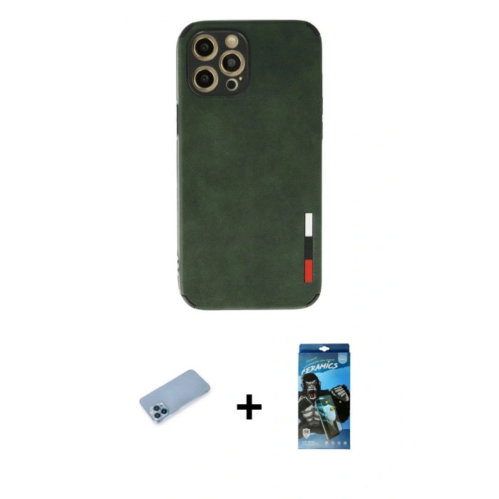 MARSİLYAN™- iPhone 12 Pro Max Kılıf Doruk Asil Koleksiyonu - Siyah 34D Izgaralı Cam + Shine Kamera Lens Koruma Cam - MI