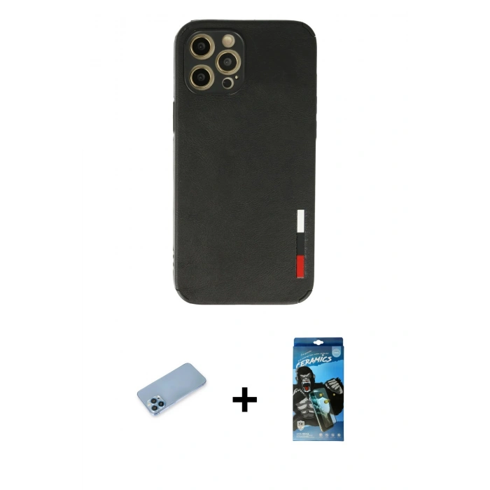 MARSİLYAN™- iPhone 12 Pro Max Kılıf Doruk Asil Koleksiyonu - Siyah 34D Izgaralı Cam + Shine Kamera Lens Koruma Cam - MI