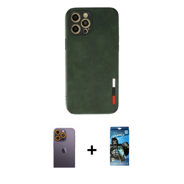 MARSİLYAN™- iPhone 12 Pro Max Kılıf Doruk Asil Koleksiyonu - Siyah 34D Izgaralı Cam + Neon Fosforlu Kamera Lens - SI