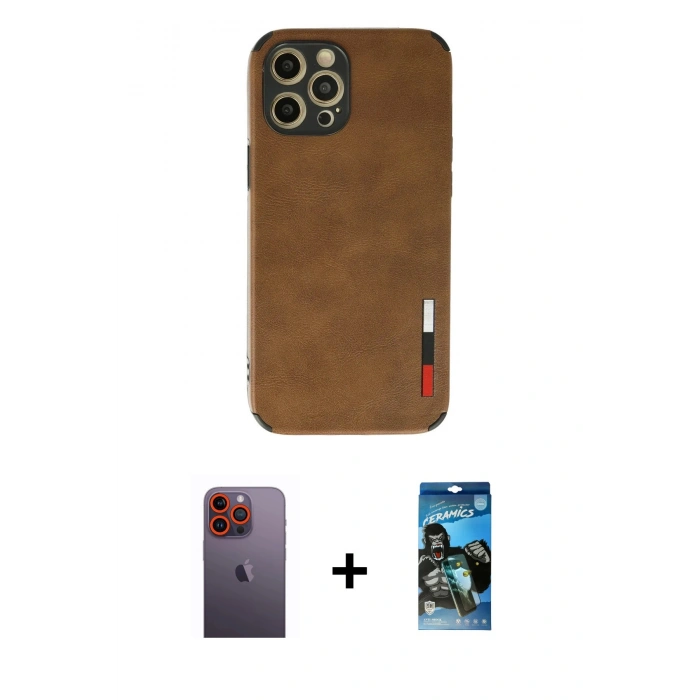 MARSİLYAN™- iPhone 12 Pro Max Kılıf Doruk Asil Koleksiyonu - Siyah 34D Izgaralı Cam + Neon Fosforlu Kamera Lens - TU