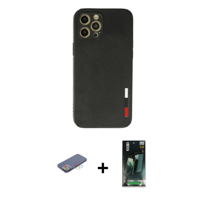 MARSİLYAN™- iPhone 12 Pro Max Kılıf Doruk Asil Koleksiyonu - Siyah 360 Mat Full Body Arka Koruyucu + Renkli Kamera Lens Koruma Cam - MI