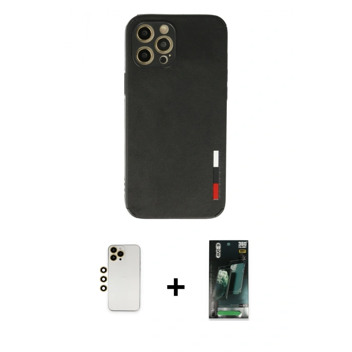 MARSİLYAN™- iPhone 12 Pro Max Kılıf Doruk Asil Koleksiyonu - Siyah 360 Mat Full Body Arka Koruyucu + Shine Kamera Lens - GD