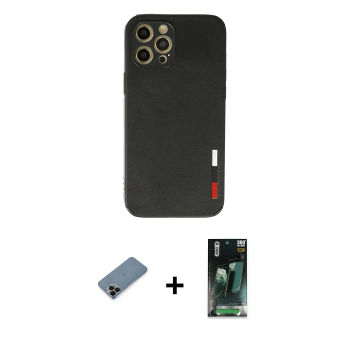 MARSİLYAN™- iPhone 12 Pro Max Kılıf Doruk Asil Koleksiyonu - Siyah 360 Mat Full Body Arka Koruyucu + Shine Kamera Lens Koruma Cam - SH