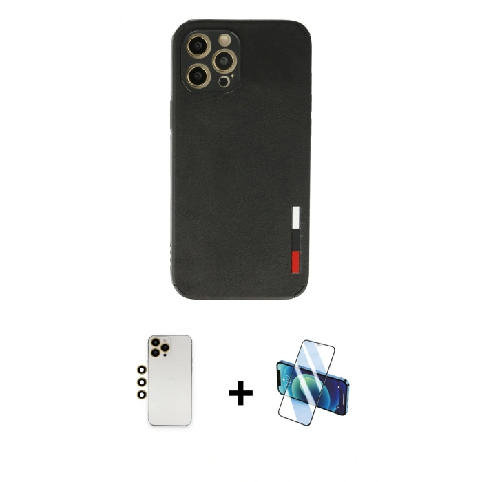 MARSİLYAN™- iPhone 12 Pro Max Kılıf Doruk Asil Koleksiyonu - Siyah 3D Antistatik Cam Ekran Koruyucu + Shine Kamera Lens - GD