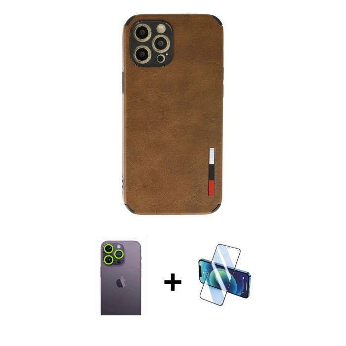 MARSİLYAN™- iPhone 12 Pro Max Kılıf Doruk Asil Koleksiyonu - Siyah 3D Antistatik Cam Ekran Koruyucu + Neon Fosforlu Kamera Lens - YL
