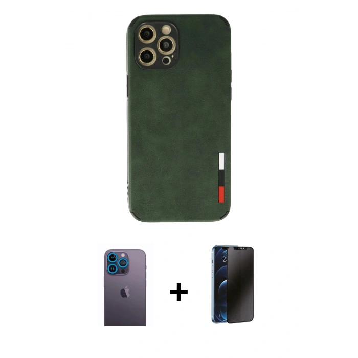 MARSİLYAN™- iPhone 12 Pro Max Kılıf Doruk Asil Koleksiyonu - Siyah 3D Antistatik Hayalet Cam Ekran Koruyucu + Neon Fosforlu Kamera Lens - MI